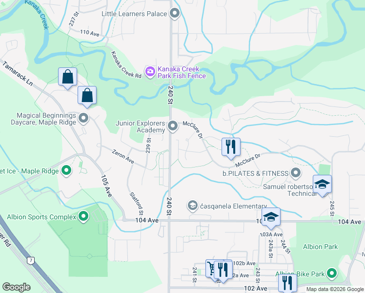 map of restaurants, bars, coffee shops, grocery stores, and more near 24033 106 Avenue in Maple Ridge
