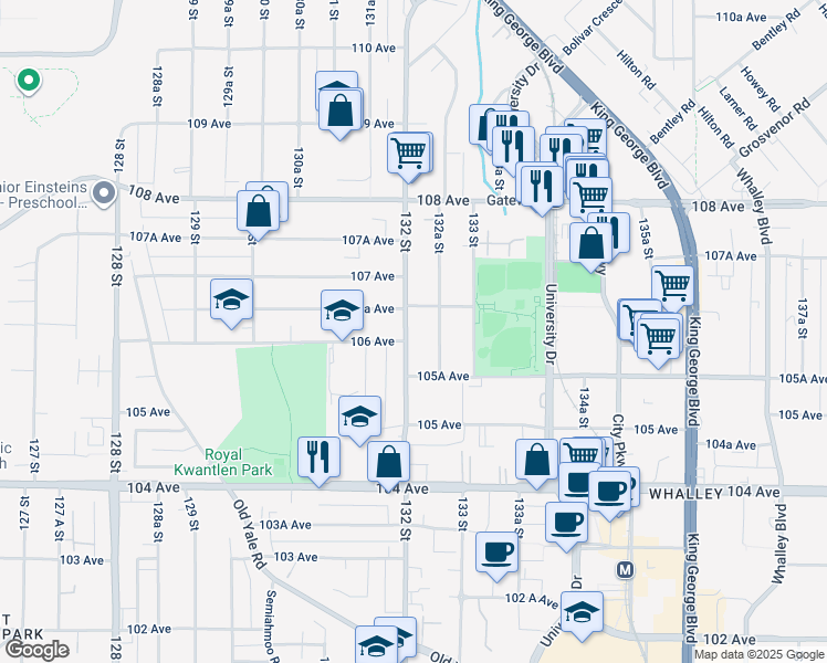 map of restaurants, bars, coffee shops, grocery stores, and more near 10616 132 Street in Surrey