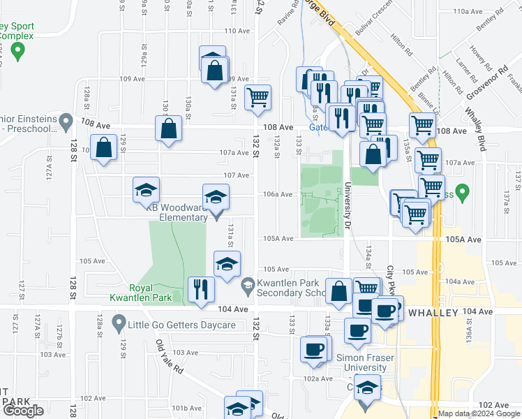 map of restaurants, bars, coffee shops, grocery stores, and more near 10616 132 Street in Surrey