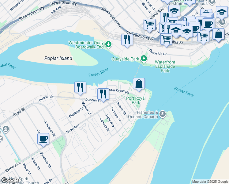 map of restaurants, bars, coffee shops, grocery stores, and more near 132 Star Crescent in New Westminster