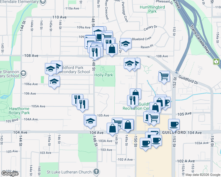 map of restaurants, bars, coffee shops, grocery stores, and more near 10634 Holly Park Lane in Surrey
