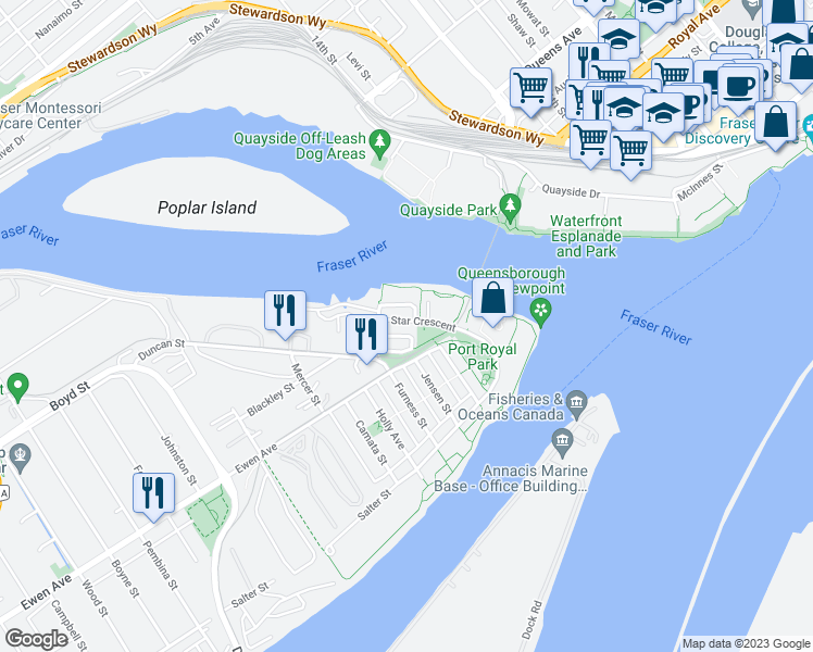 map of restaurants, bars, coffee shops, grocery stores, and more near 132 Star Crescent in New Westminster