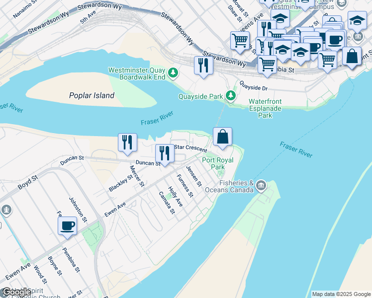 map of restaurants, bars, coffee shops, grocery stores, and more near in New Westminster