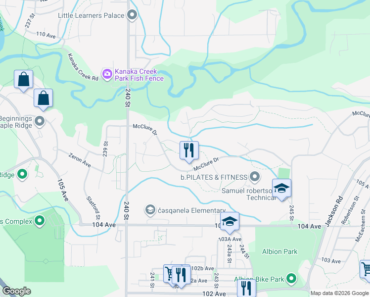 map of restaurants, bars, coffee shops, grocery stores, and more near 24170 106B Avenue in Maple Ridge