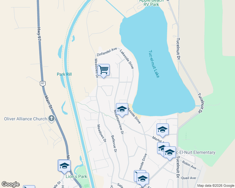 map of restaurants, bars, coffee shops, grocery stores, and more near 6827 Mountainview Drive in Oliver