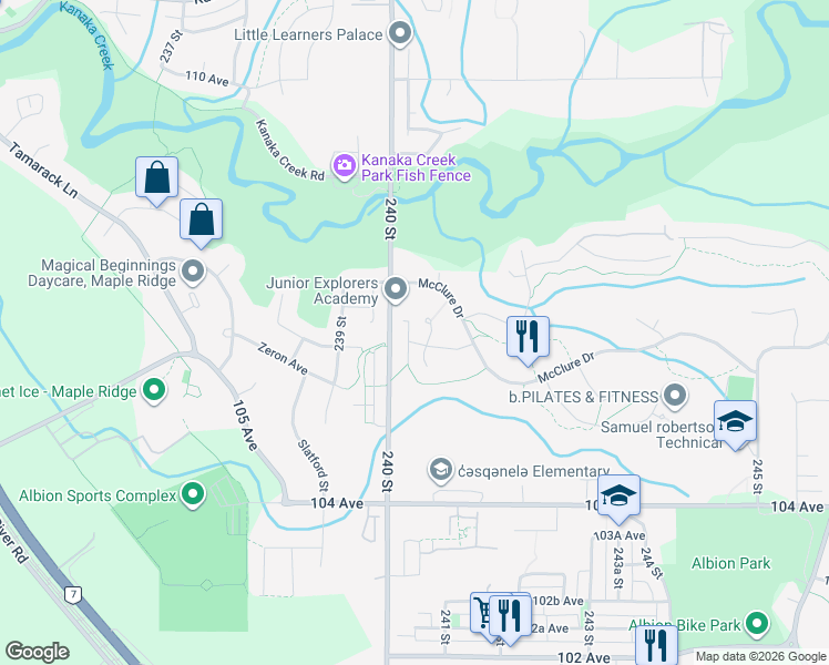 map of restaurants, bars, coffee shops, grocery stores, and more near 24023 106 Avenue in Maple Ridge