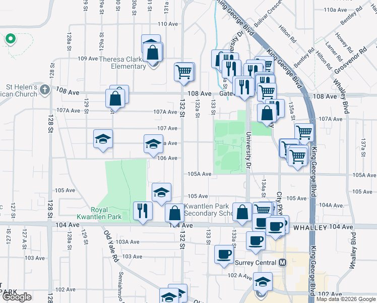 map of restaurants, bars, coffee shops, grocery stores, and more near 10616 132 Street in Surrey