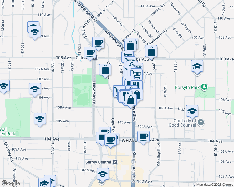 map of restaurants, bars, coffee shops, grocery stores, and more near 10626 City Parkway in Surrey