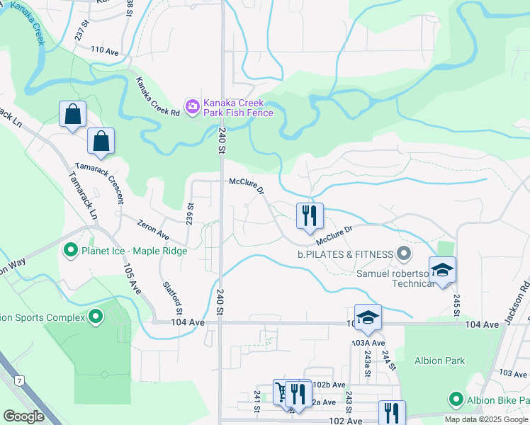 map of restaurants, bars, coffee shops, grocery stores, and more near 24092 McClure Drive in Maple Ridge