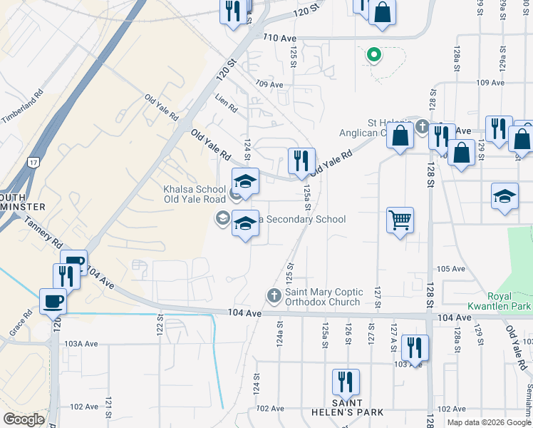 map of restaurants, bars, coffee shops, grocery stores, and more near 10627 124A Street in Surrey