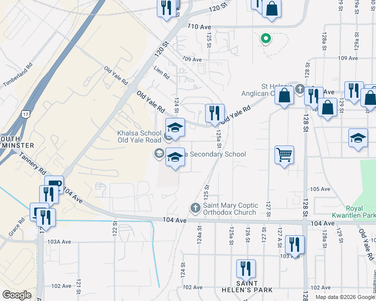 map of restaurants, bars, coffee shops, grocery stores, and more near 10627 124A Street in Surrey