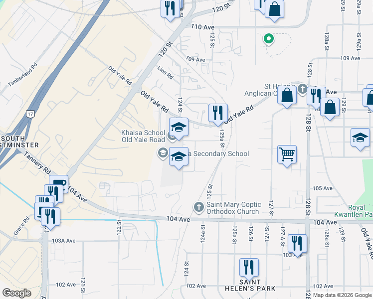map of restaurants, bars, coffee shops, grocery stores, and more near 10628 124 Street in Surrey