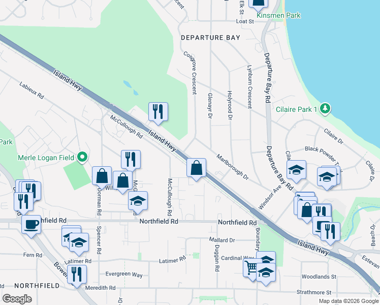 map of restaurants, bars, coffee shops, grocery stores, and more near 2490 Highland Boulevard in Nanaimo