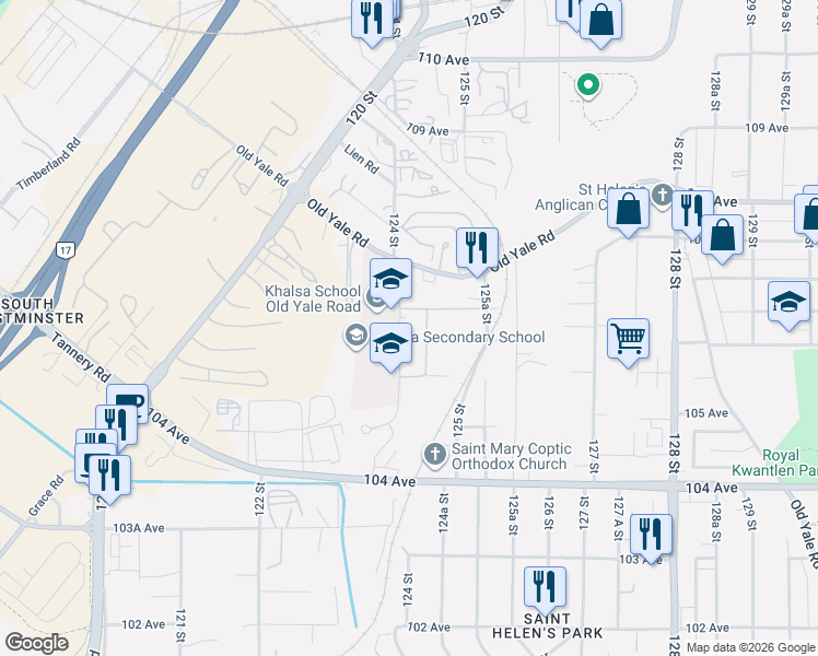 map of restaurants, bars, coffee shops, grocery stores, and more near 10628 124 Street in Surrey