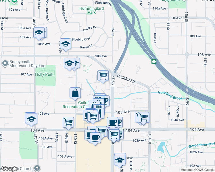 map of restaurants, bars, coffee shops, grocery stores, and more near 10626 151A Street in Surrey