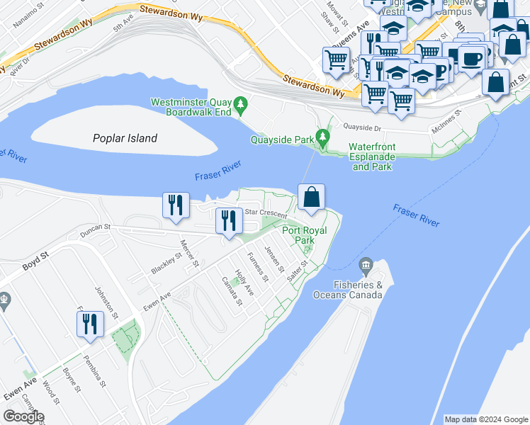 map of restaurants, bars, coffee shops, grocery stores, and more near 83 Star Crescent in New Westminster