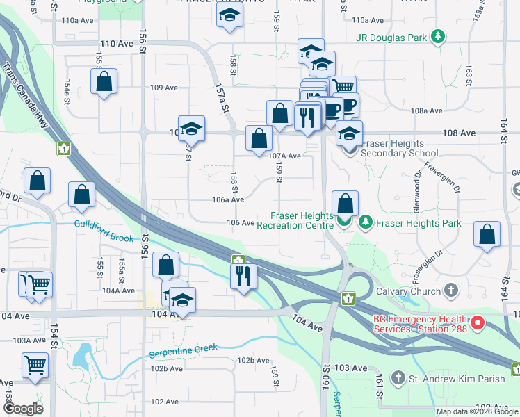 map of restaurants, bars, coffee shops, grocery stores, and more near 10630 158A Street in Surrey