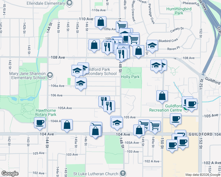 map of restaurants, bars, coffee shops, grocery stores, and more near 14752 106A Avenue in Surrey