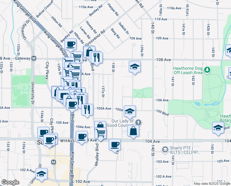 map of restaurants, bars, coffee shops, grocery stores, and more near 10630 138 Street in Surrey