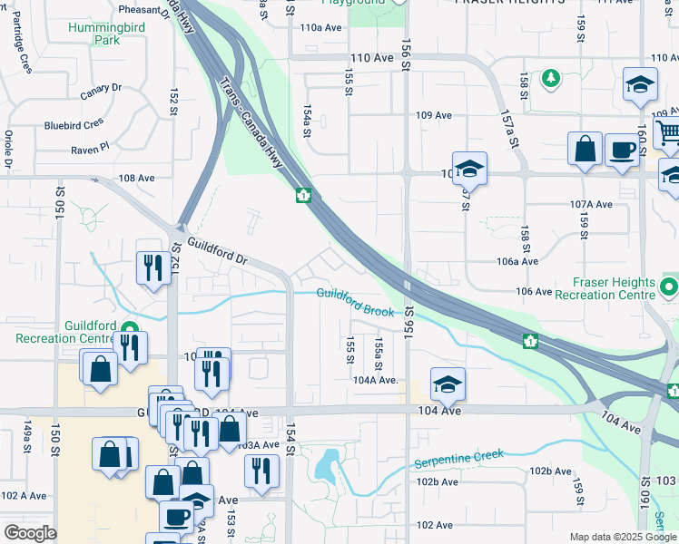 map of restaurants, bars, coffee shops, grocery stores, and more near 15399 Guildford Drive in Surrey