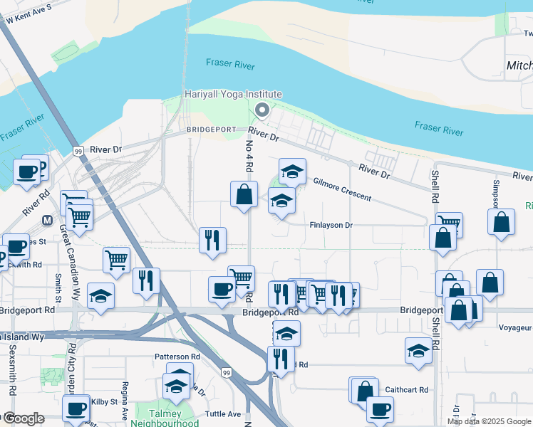 map of restaurants, bars, coffee shops, grocery stores, and more near 10140 Finlayson Drive in Richmond