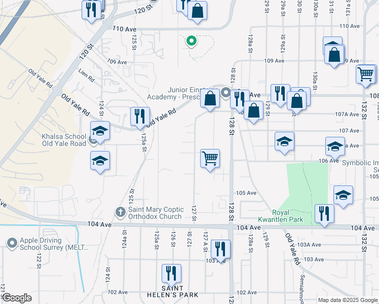 map of restaurants, bars, coffee shops, grocery stores, and more near 12671 106A Avenue in Surrey
