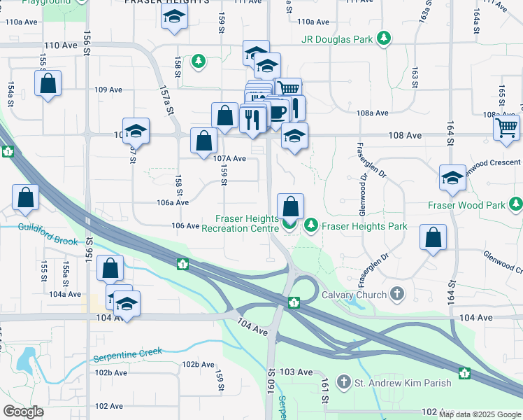map of restaurants, bars, coffee shops, grocery stores, and more near 10635 160 Street in Surrey