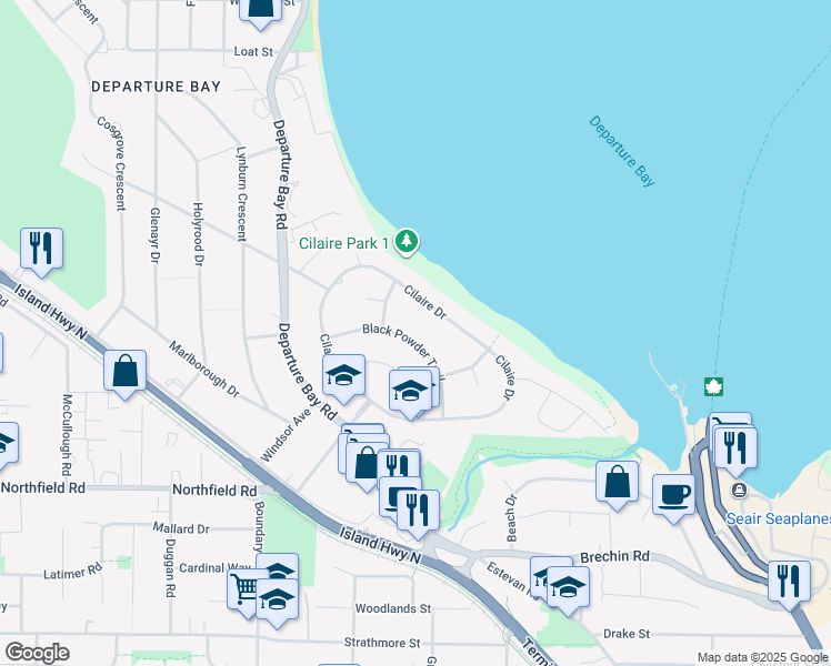 map of restaurants, bars, coffee shops, grocery stores, and more near 148 Black Powder Trail in Nanaimo