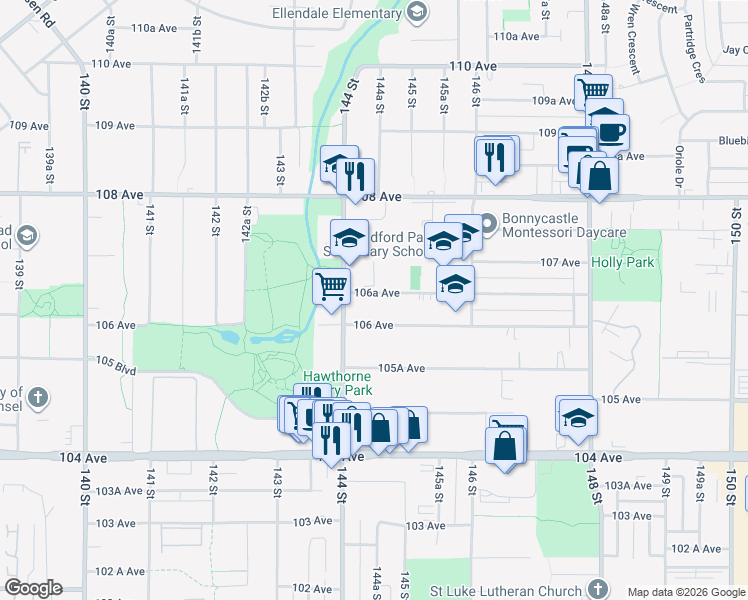 map of restaurants, bars, coffee shops, grocery stores, and more near 14450 106A Avenue in Surrey