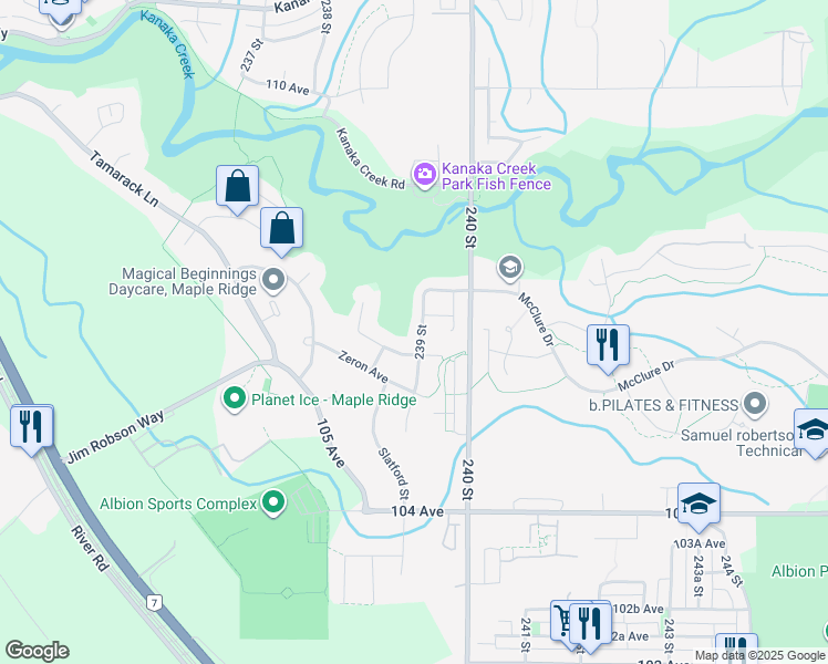 map of restaurants, bars, coffee shops, grocery stores, and more near 10675 239 Street in Maple Ridge