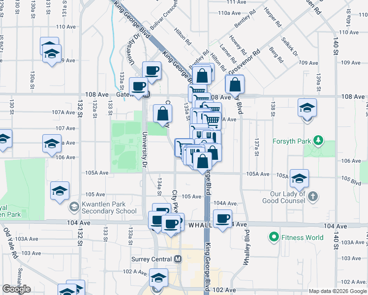 map of restaurants, bars, coffee shops, grocery stores, and more near 10626 City Parkway in Surrey