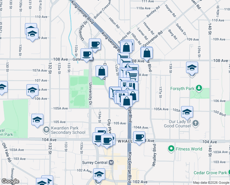 map of restaurants, bars, coffee shops, grocery stores, and more near 10626 City Parkway in Surrey