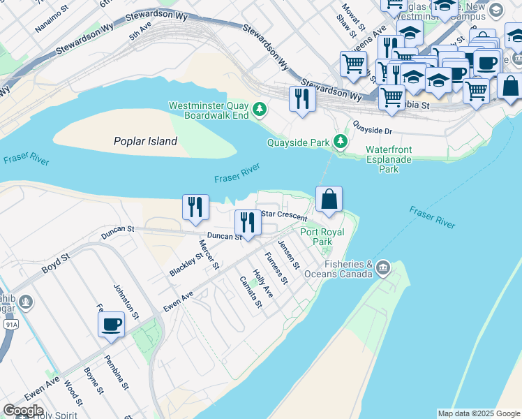 map of restaurants, bars, coffee shops, grocery stores, and more near 183 Star Crescent in New Westminster