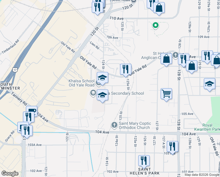 map of restaurants, bars, coffee shops, grocery stores, and more near 10643 124A Street in Surrey