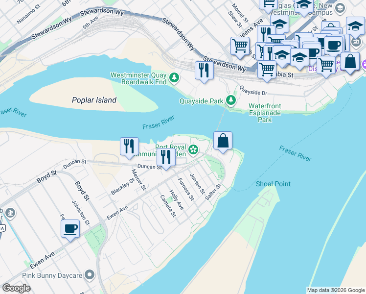 map of restaurants, bars, coffee shops, grocery stores, and more near 133 Star Crescent in New Westminster