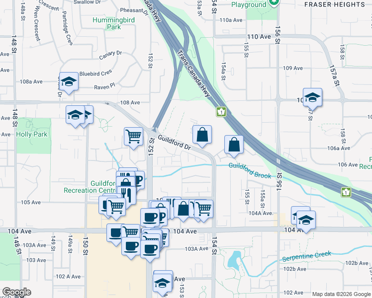 map of restaurants, bars, coffee shops, grocery stores, and more near 15340 Guildford Drive in Surrey