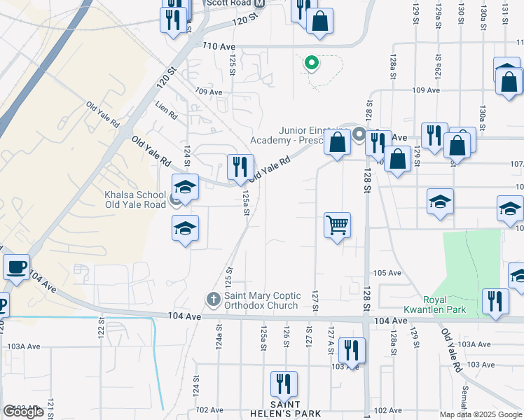 map of restaurants, bars, coffee shops, grocery stores, and more near 10639 125B Street in Surrey