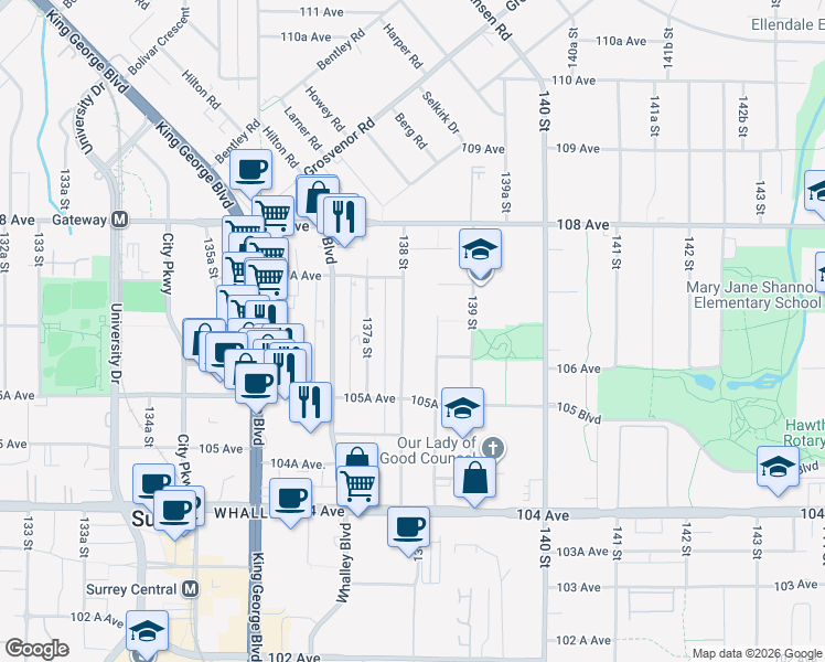 map of restaurants, bars, coffee shops, grocery stores, and more near 10650 138 Street in Surrey
