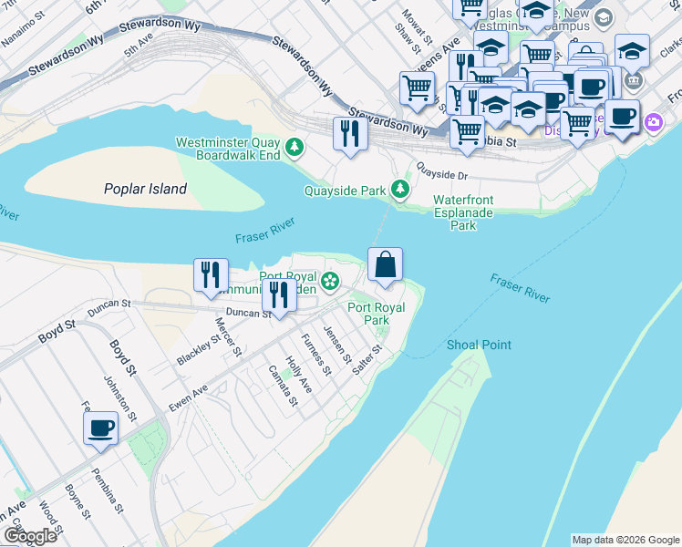 map of restaurants, bars, coffee shops, grocery stores, and more near 83 Star Crescent in New Westminster