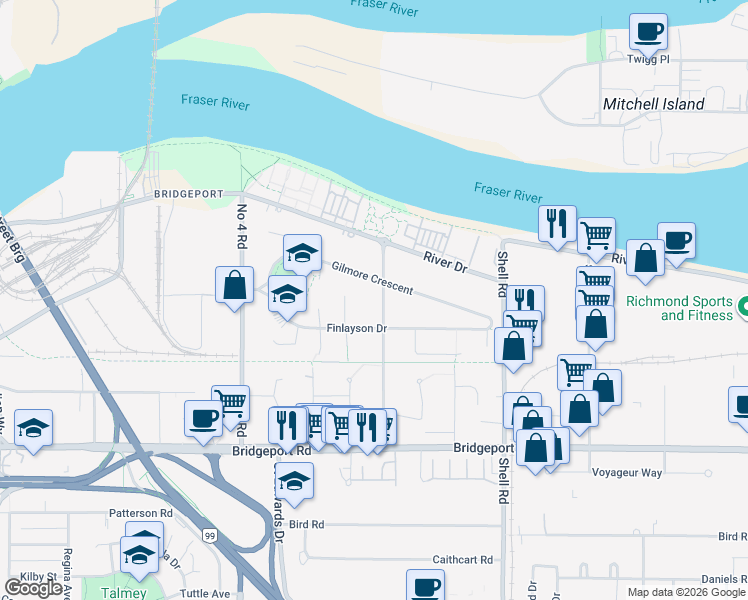 map of restaurants, bars, coffee shops, grocery stores, and more near 2175 McLennan Avenue in Richmond