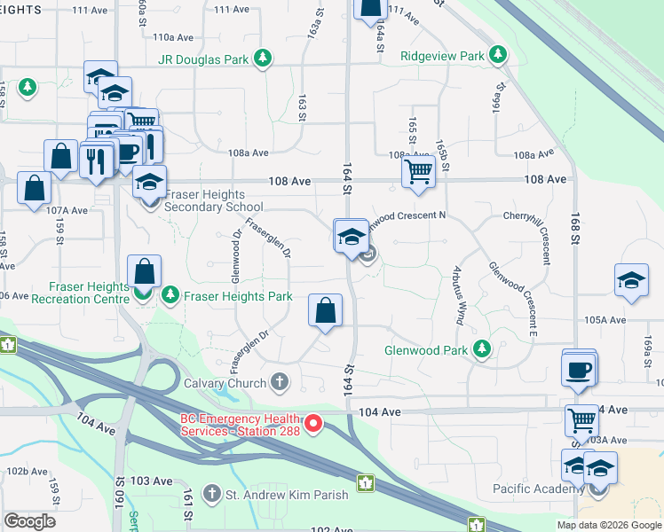 map of restaurants, bars, coffee shops, grocery stores, and more near 16375 Middleglen Place in Surrey