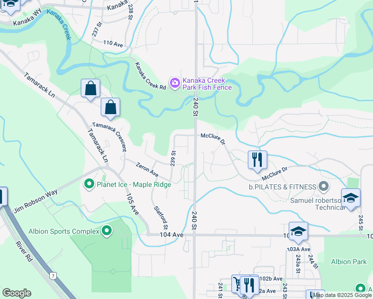 map of restaurants, bars, coffee shops, grocery stores, and more near 23976 107 Avenue in Maple Ridge