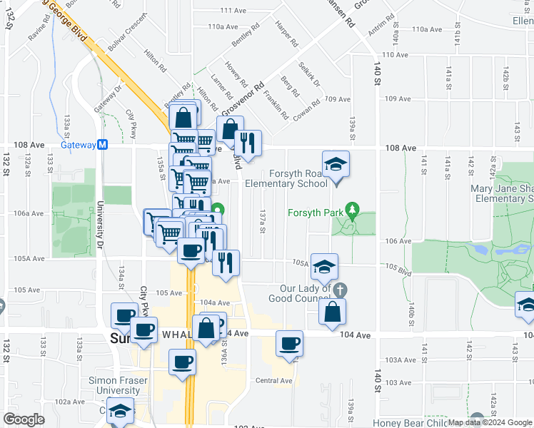 map of restaurants, bars, coffee shops, grocery stores, and more near 10652 137A Street in Surrey