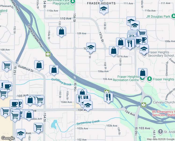 map of restaurants, bars, coffee shops, grocery stores, and more near 10640 157 Street in Surrey