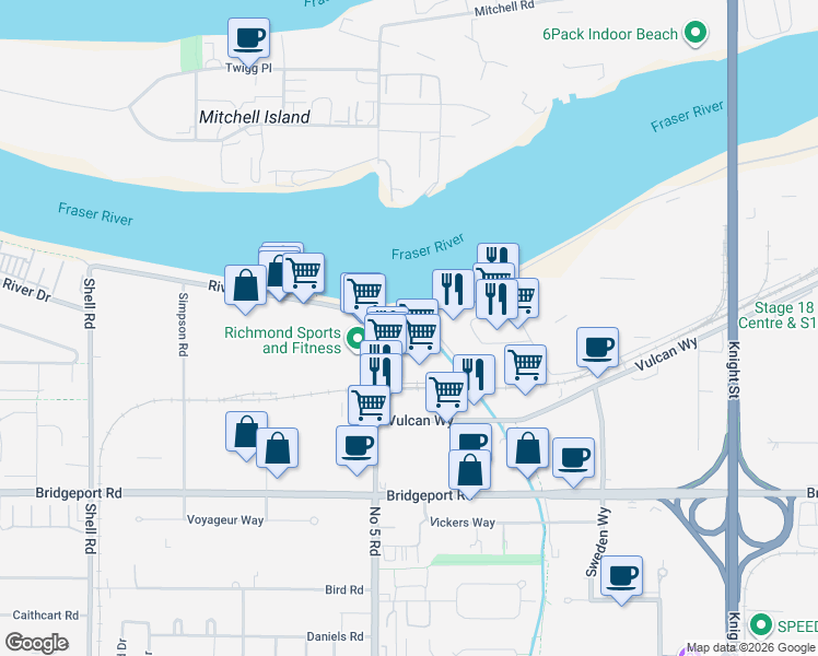 map of restaurants, bars, coffee shops, grocery stores, and more near 2088 Number 5 Road in Richmond
