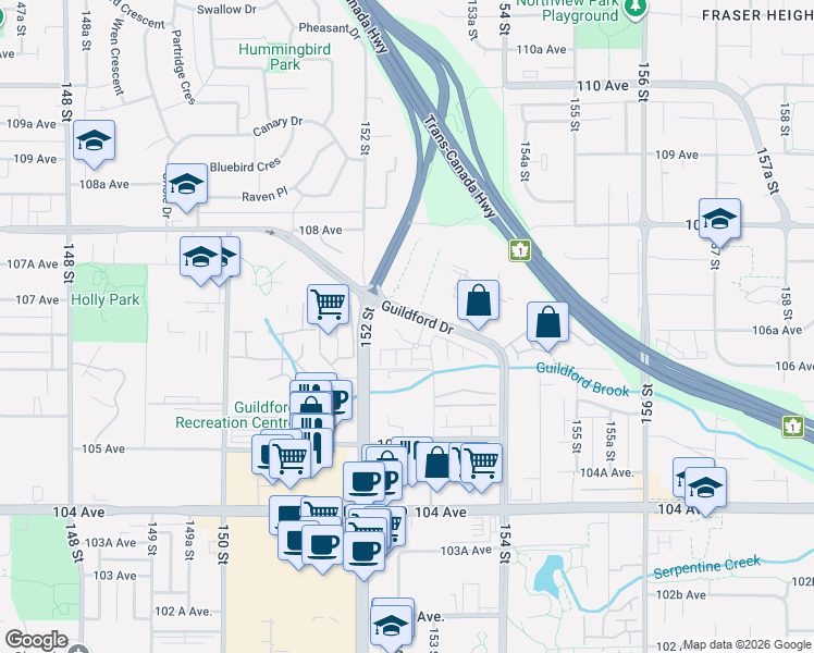 map of restaurants, bars, coffee shops, grocery stores, and more near 15210 Guildford Drive in Surrey