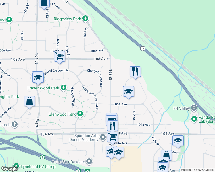 map of restaurants, bars, coffee shops, grocery stores, and more near 10663 168 Street in Surrey