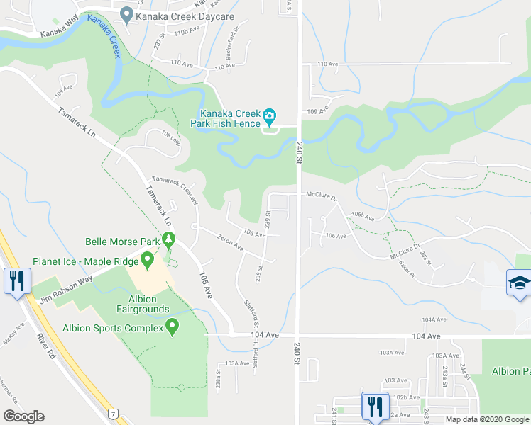 map of restaurants, bars, coffee shops, grocery stores, and more near 10699 239 Street in Maple Ridge
