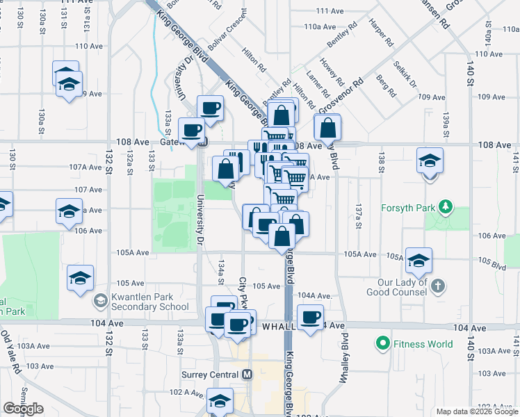 map of restaurants, bars, coffee shops, grocery stores, and more near 10657 135A Street in Surrey