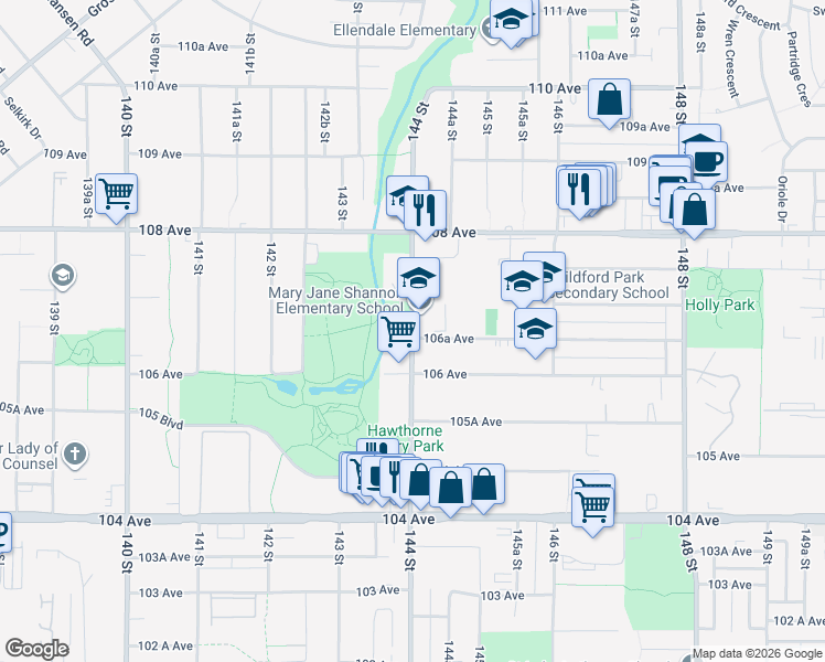 map of restaurants, bars, coffee shops, grocery stores, and more near 144 Street in Surrey